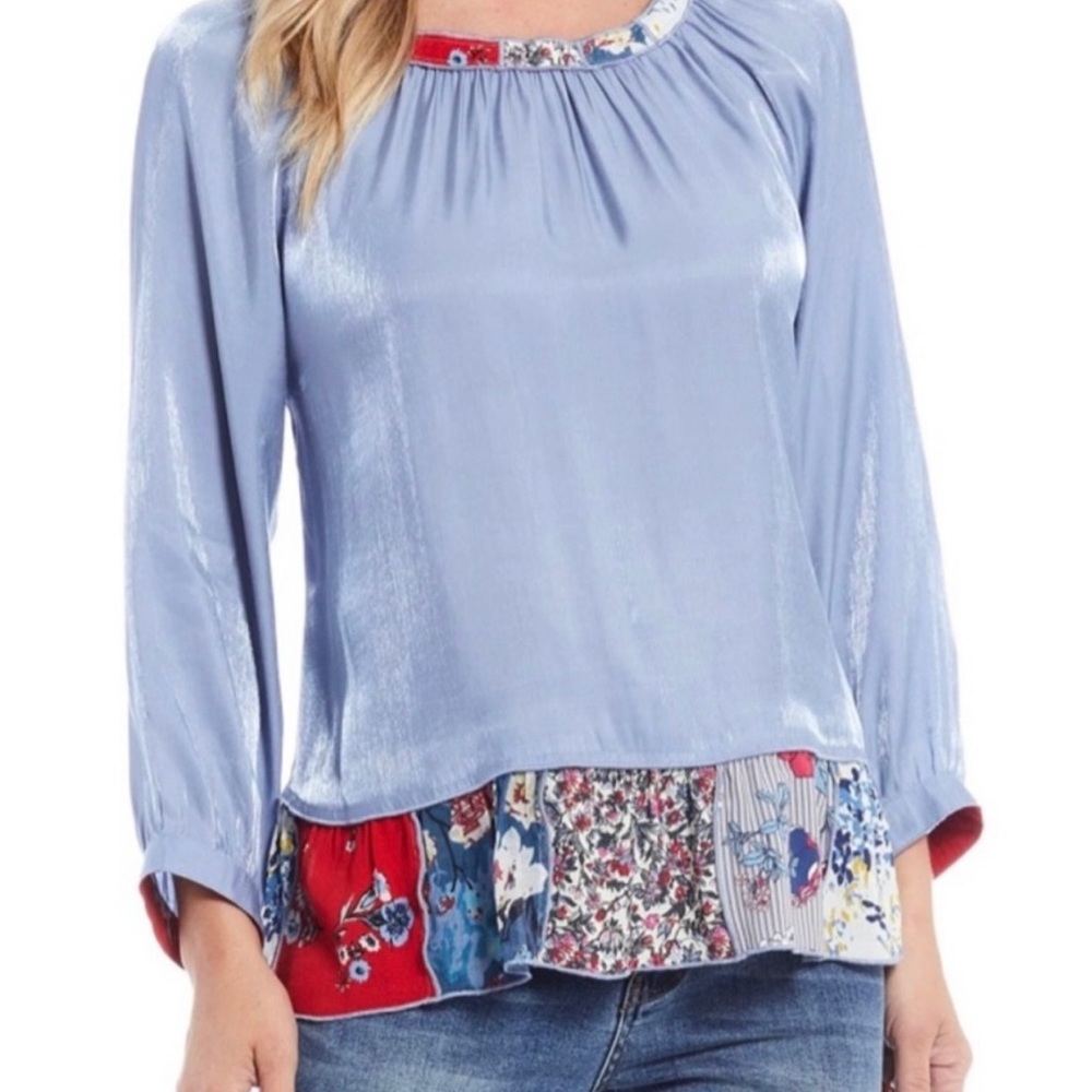 John Mark Women’s Blue Haze French Blue Patchwork Peasant Top Size 2X